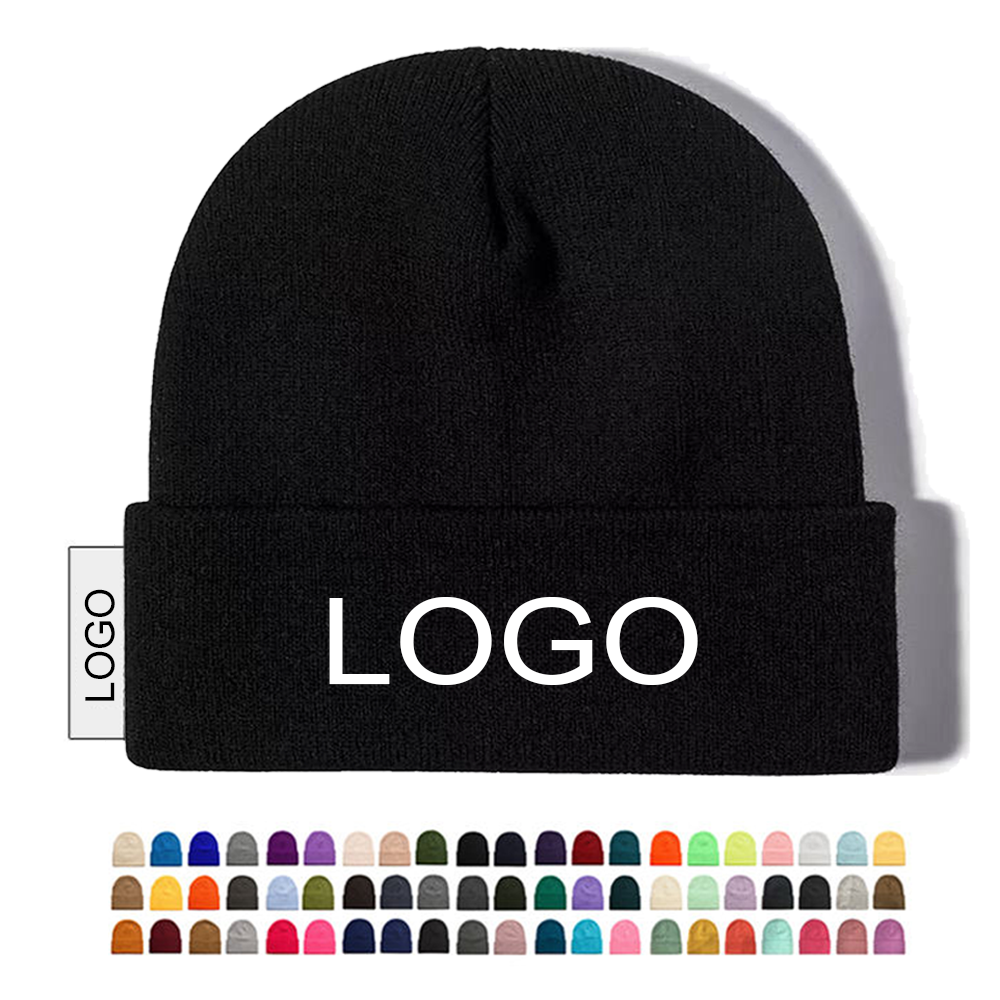 custom beanie with leather, woven patch, silicone, embroidery logo