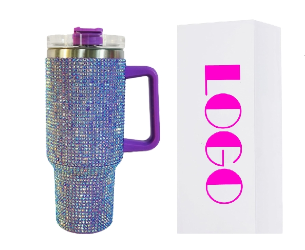 40 OZ Double Wall Stainless Steel Water Bottle Rhinestone Handle Studded Tumbler Lid Cute Insulated Travel Mug